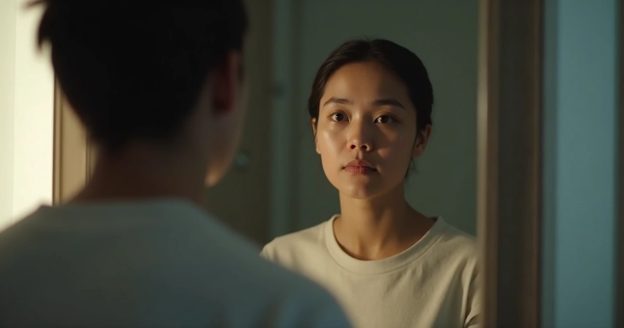 Persona mirando su reflejo en un espejo en actitud reflexiva 