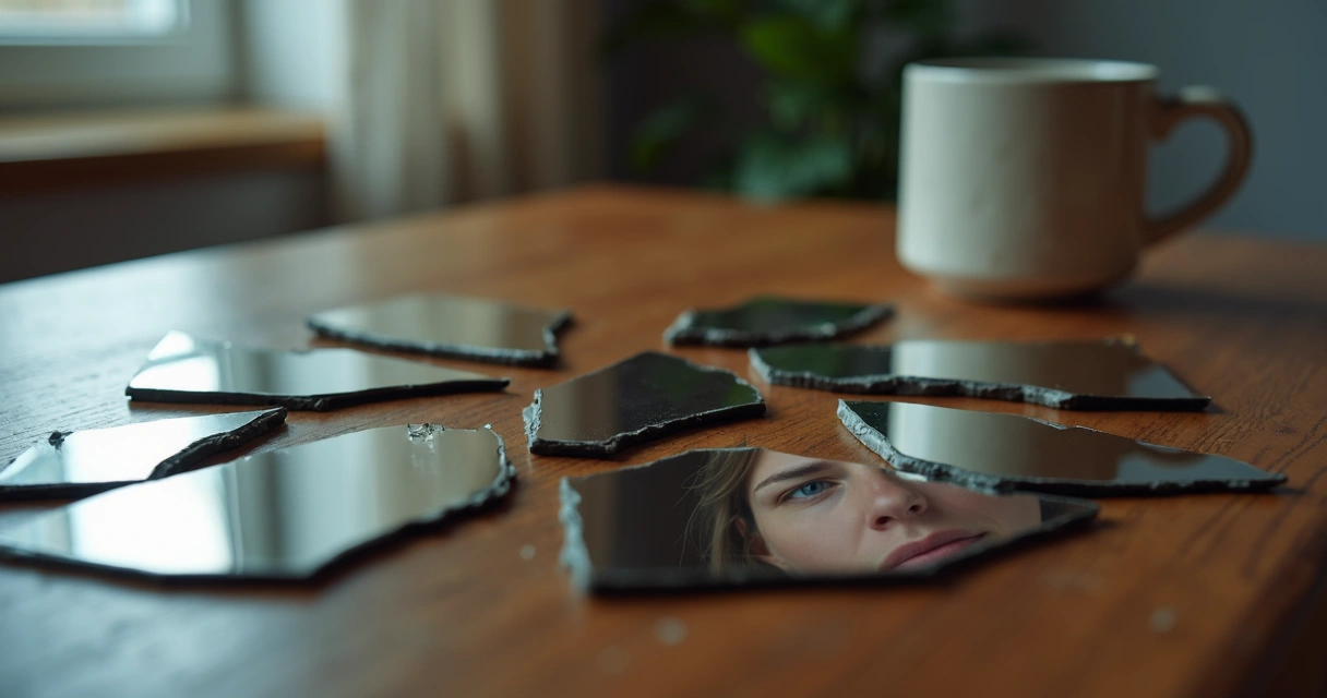 Rostro reflejado en varios pedazos de espejo sobre una mesa oscura 