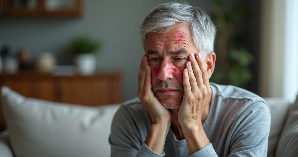 Persona con rostro estresado y zonas enrojecidas en la piel facial