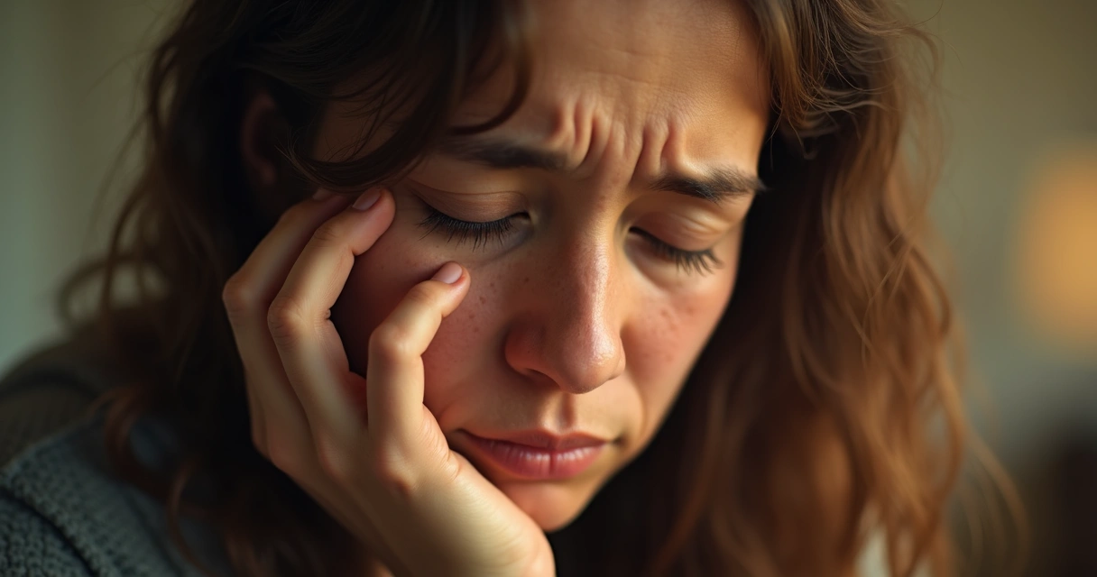 Rostro de una persona pensativa con expresión de dolor e introspección.