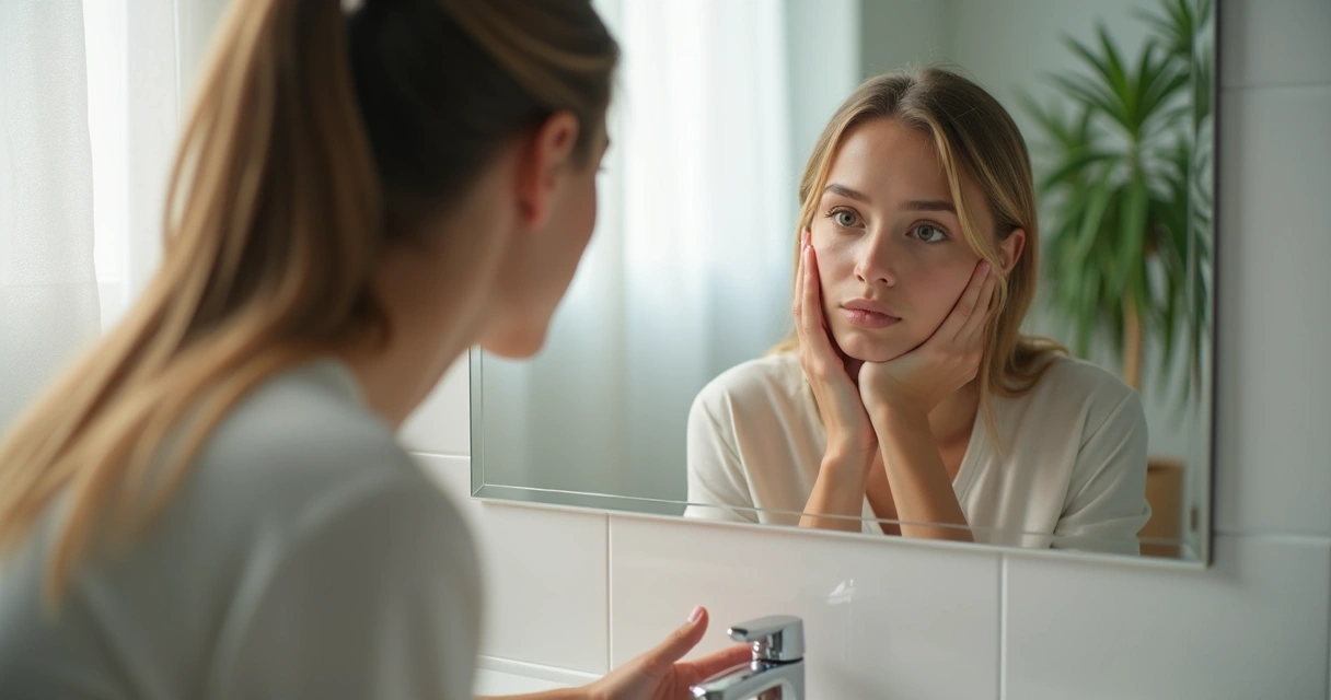 Persona se observa el rostro en el espejo, gesto serio y reflexivo 