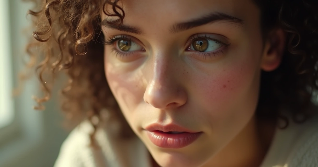 Rostro humano en primer plano con mirada sensible y fondo difuminado.