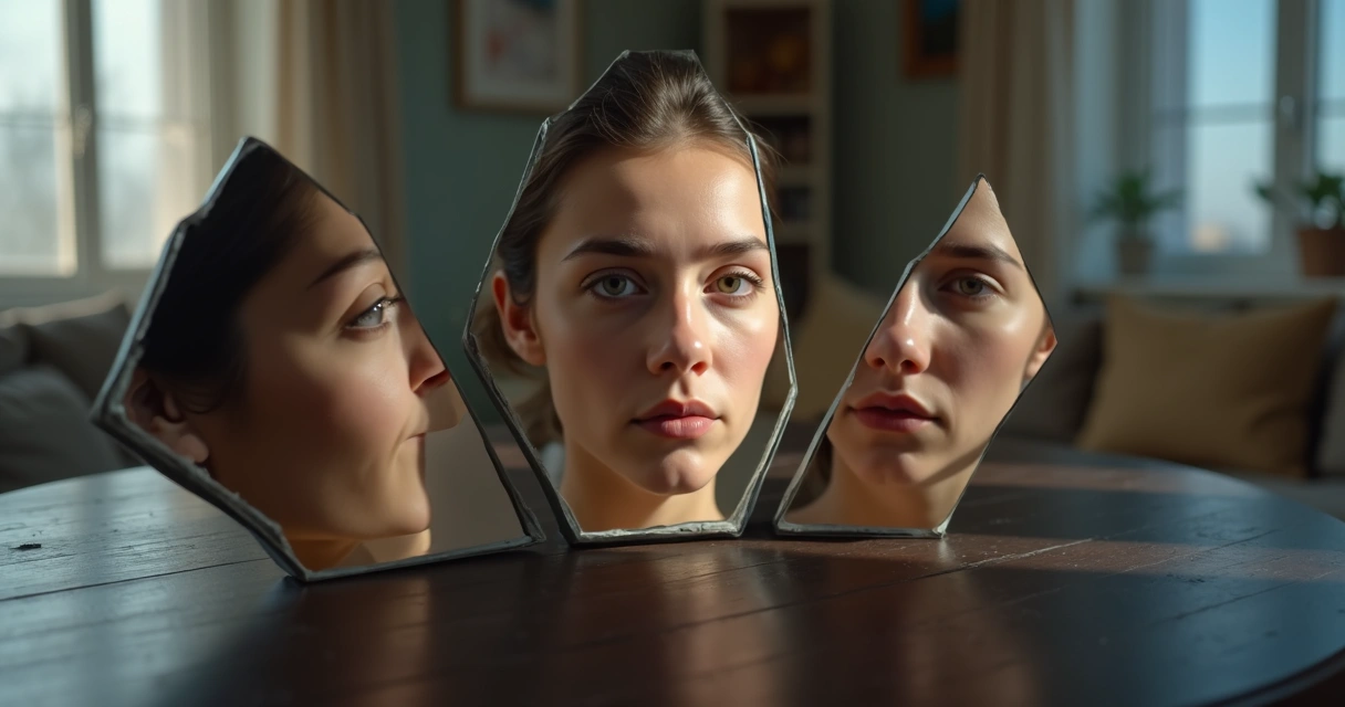 Rostro humano reflejado en fragmentos de espejo mostrando microgestos distintos 