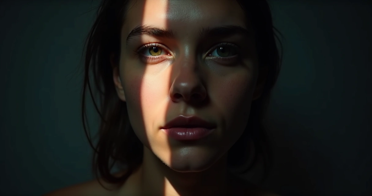 Rostro dividido por luz y sombra, simbolizando contradicciones internas 