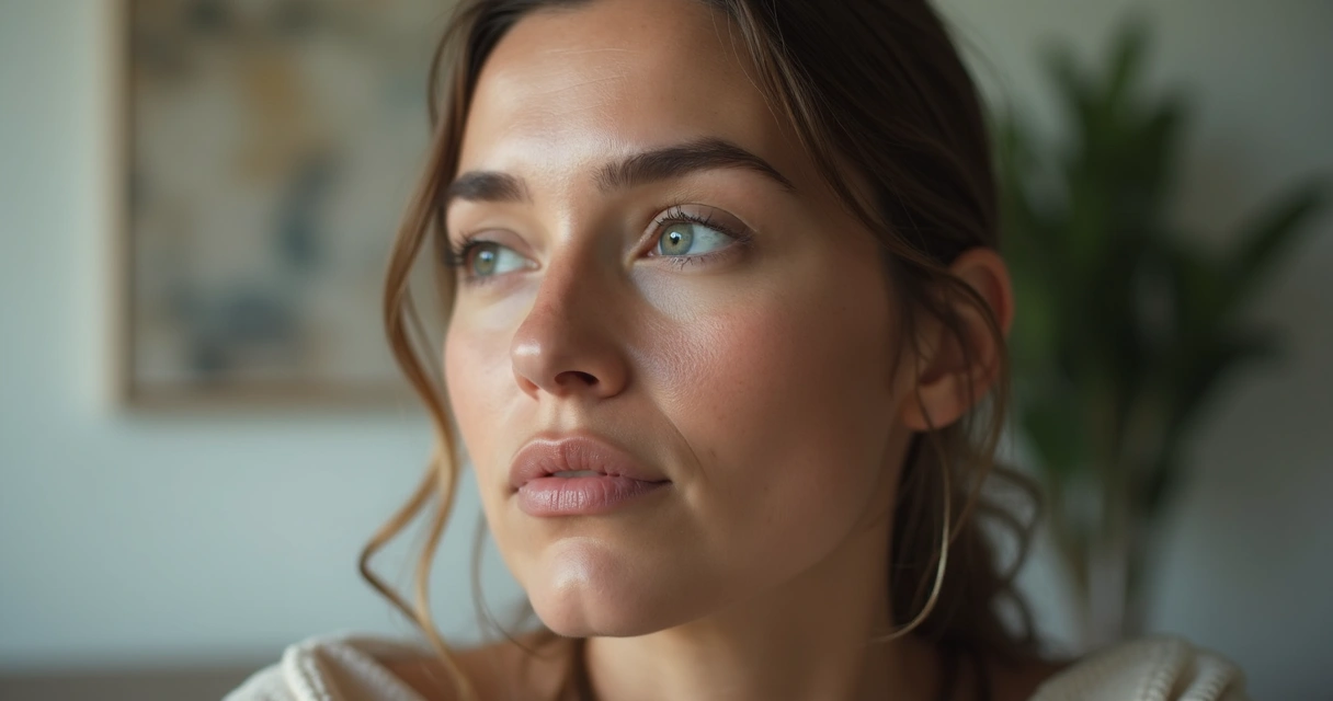 Mujer con rostro reflexivo mirando al horizonte