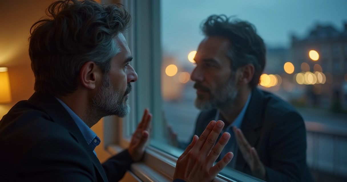 Rostro de una persona mirando su propio reflejo en una ventana al atardecer, mostrando introspección.
