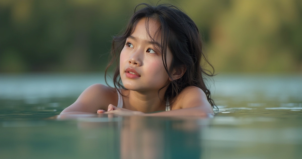 Rostro reflejado en el agua, mostrando vulnerabilidad y calma 