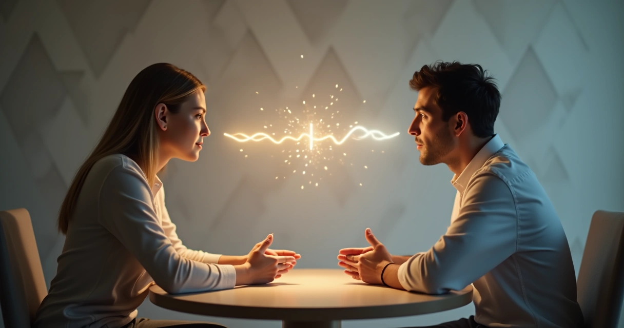 Dos rostros enfrentados con diferentes expresiones unidos por formas de energía entre ellos 