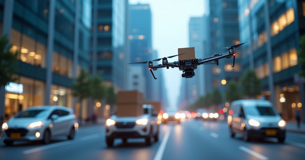 Rota de entregas sendo feita por drones e veículos autônomos