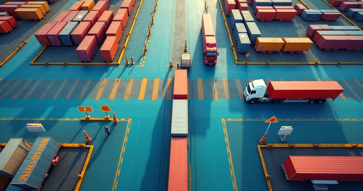 Rota inteligente de veículos em pátio logístico, vista do alto