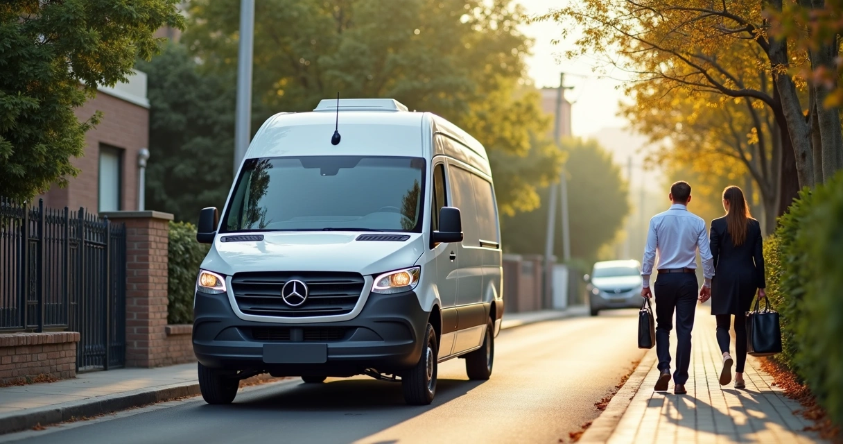 Van corporativa circulando em rua estreita de bairro residencial 