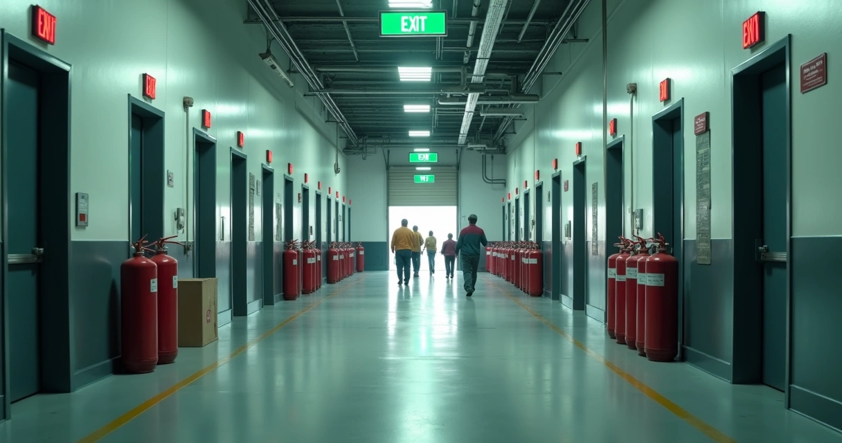 Corredor de oficina com placas de saída de emergência e extintores 