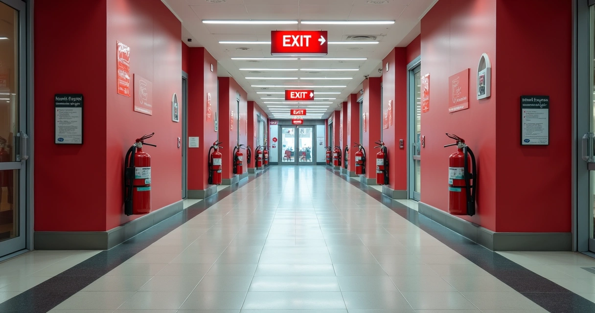 Sinalização de rotas de fuga em corredor de shopping 