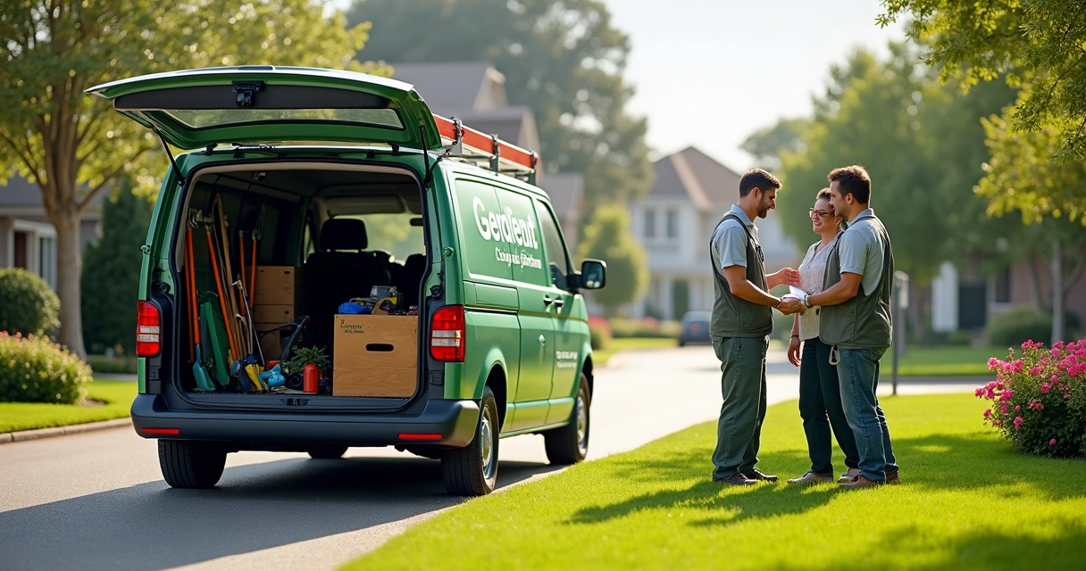 Veículo de empresa de jardinagem com equipamentos estacionado em bairro residencial 
