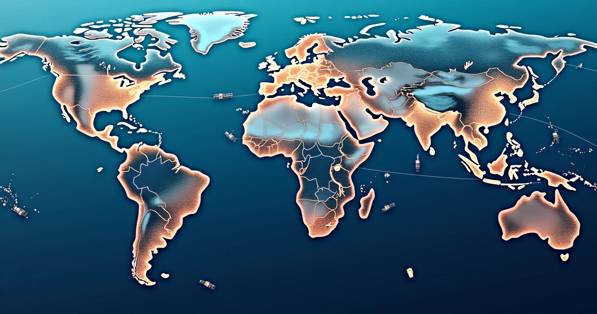 Mapa de rotas marítimas com navios de contêineres e conexões globais