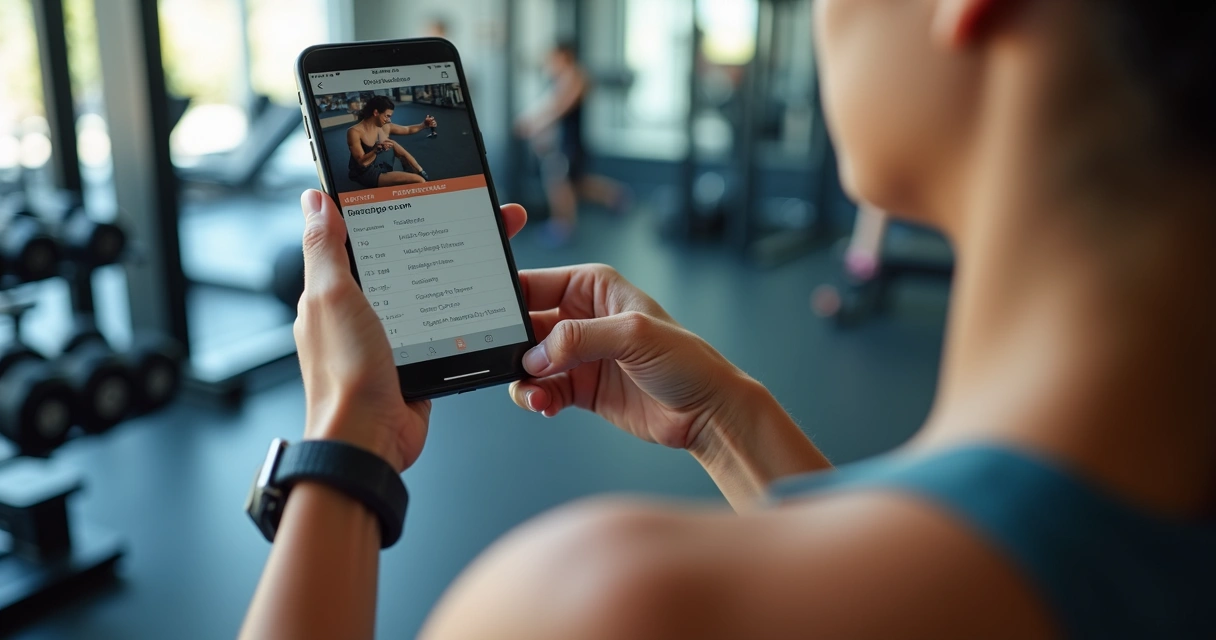 Pessoa usando aplicativo fitness com equipamentos variados de academia 