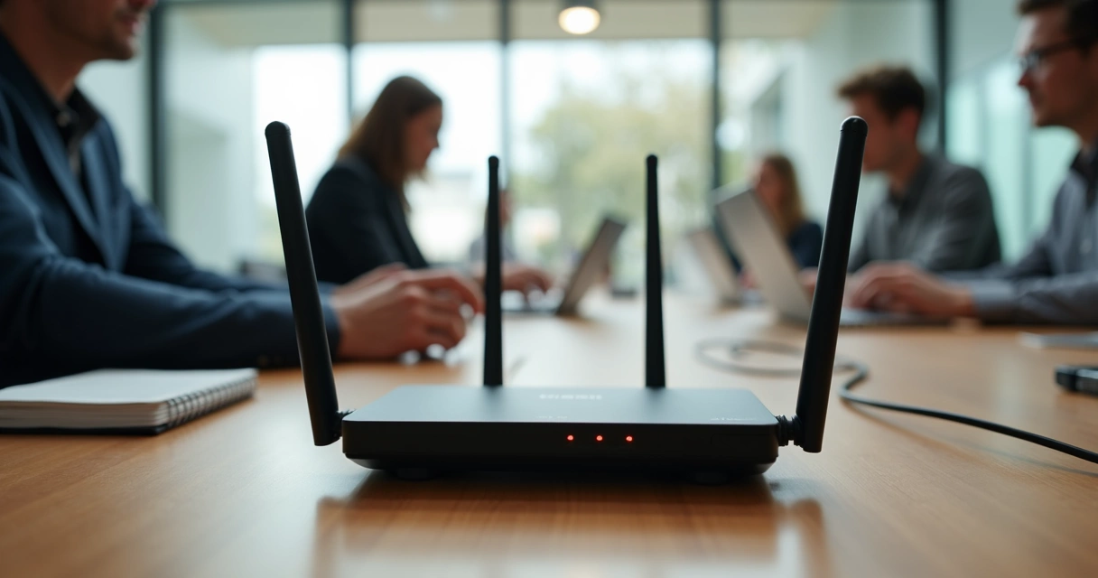 Roteador LTE em mesa de evento corporativo 