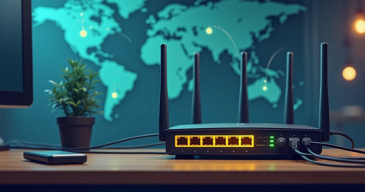 Roteador de internet com fios conectados e luzes piscando 
