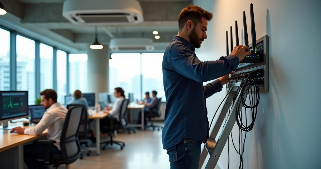 Técnico verificando roteador profissional em coworking contemporâneo 