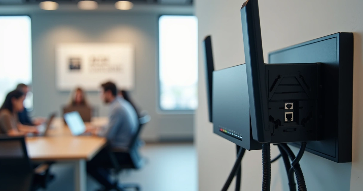 Roteador empresarial instalado em ambiente de escritório.