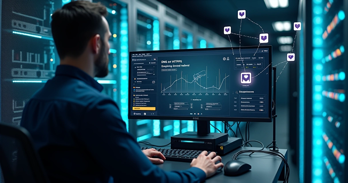 Administrador de rede ajustando configurações seguras em roteador corporativo 