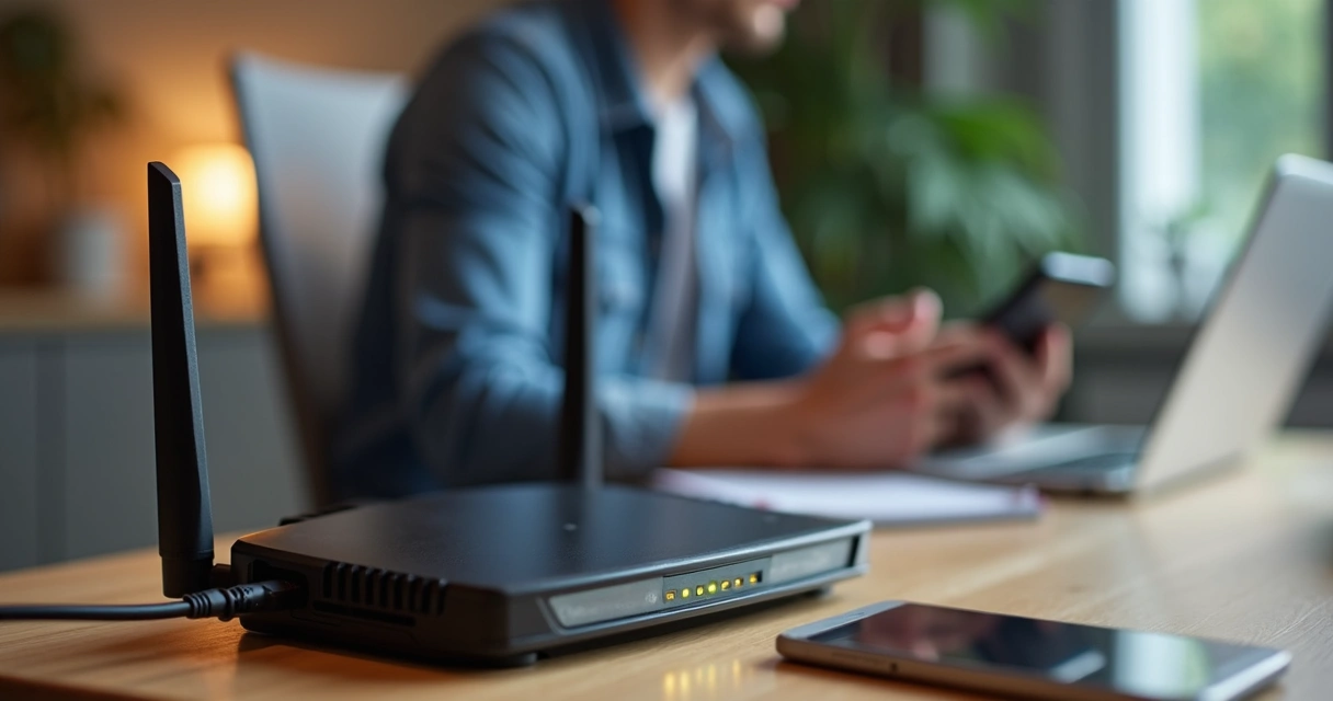 Roteador wifi moderno com luzes acesas em ambiente doméstico
