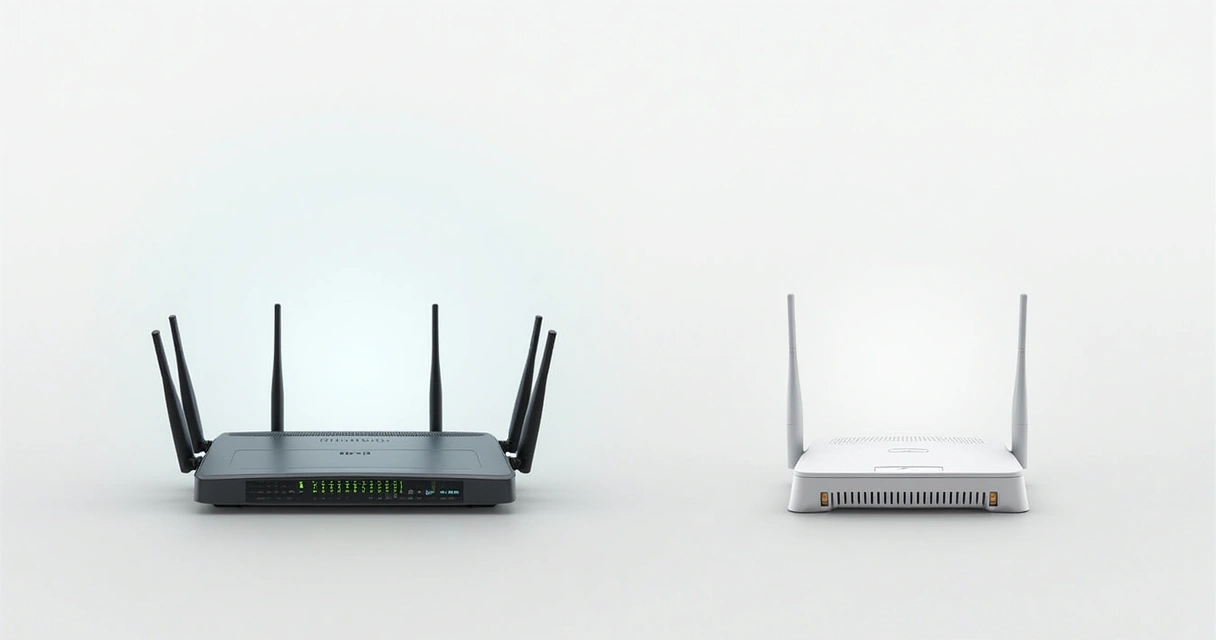 Roteadores Wi-Fi corporativos lado a lado com roteadores residenciais, focando nas diferenças de tamanho e design 