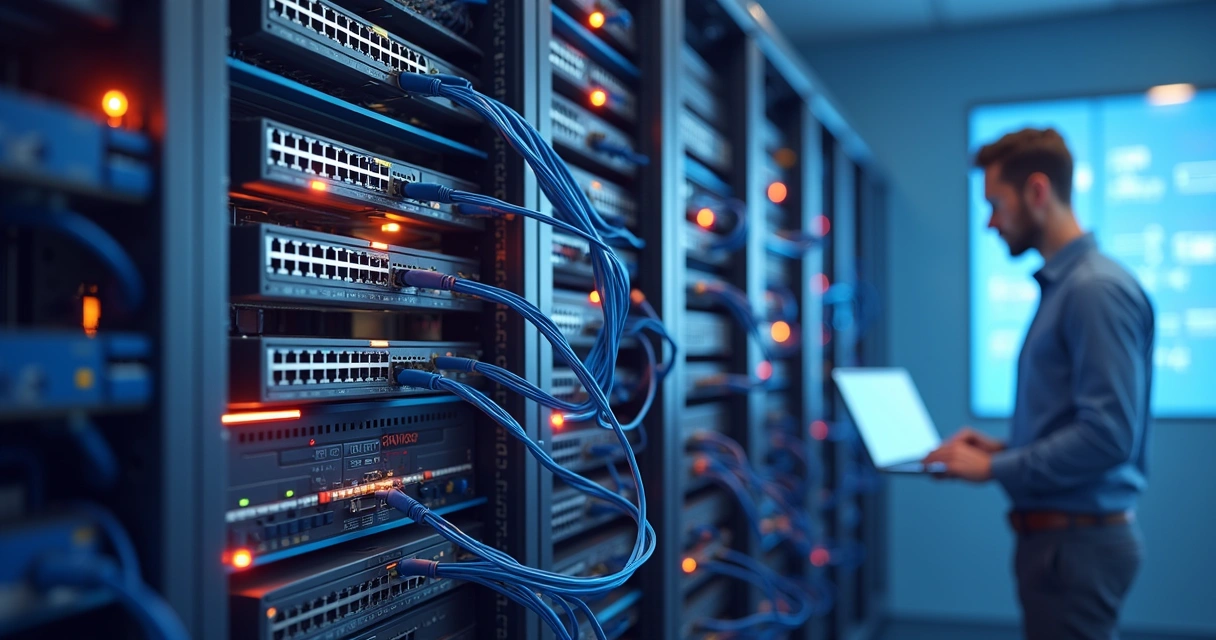 Roteadores de empresas com cabos de rede conectados 