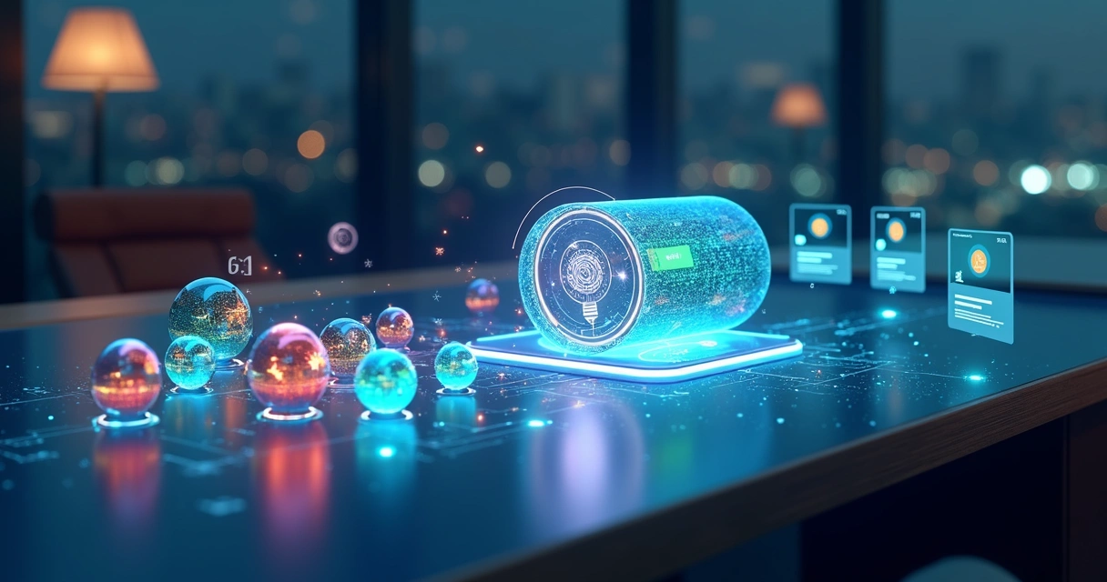 Visualização 3D de leads como esferas de cores diferentes sendo distribuídos automaticamente para vendedores em telas digitais 