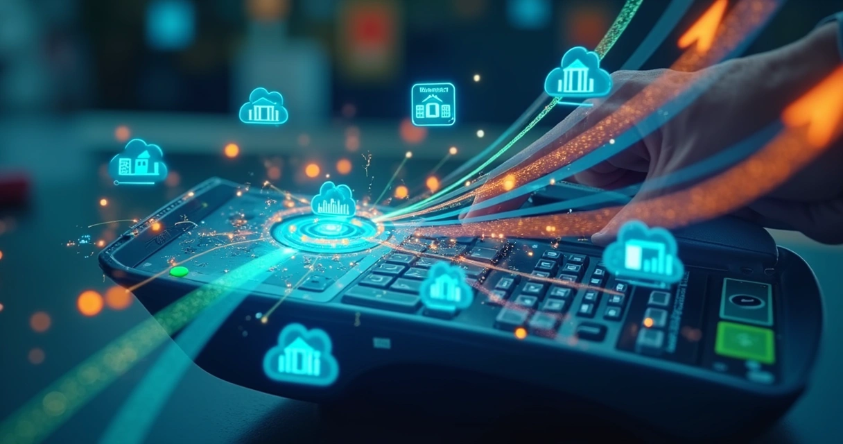 Fluxo de smart routing visualizado por diagramas coloridos e setas apontando para bancos interligados 