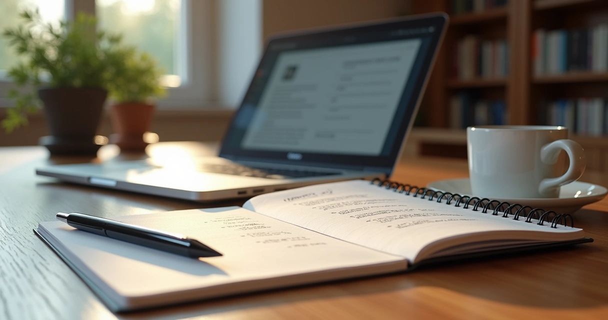 Mesa com caderno aberto com anotações, caneta, laptop e copo de café ao lado para criação de roteiro 