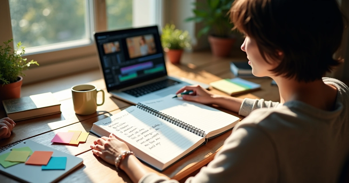Roteirista revisando perguntas de briefing em caderno aberto 