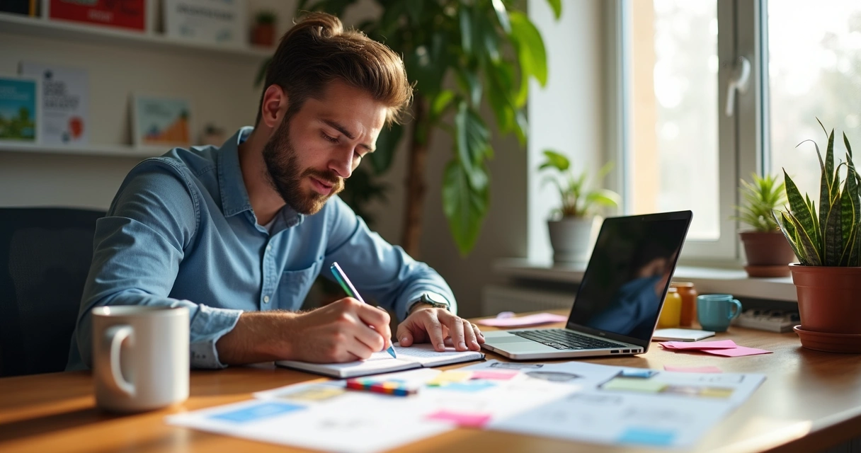 Pessoa escrevendo roteiro em caderno com laptop aberto e anotações ao redor 