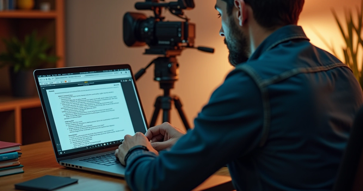 Pessoa escrevendo roteiro em laptop com interface digital aberta