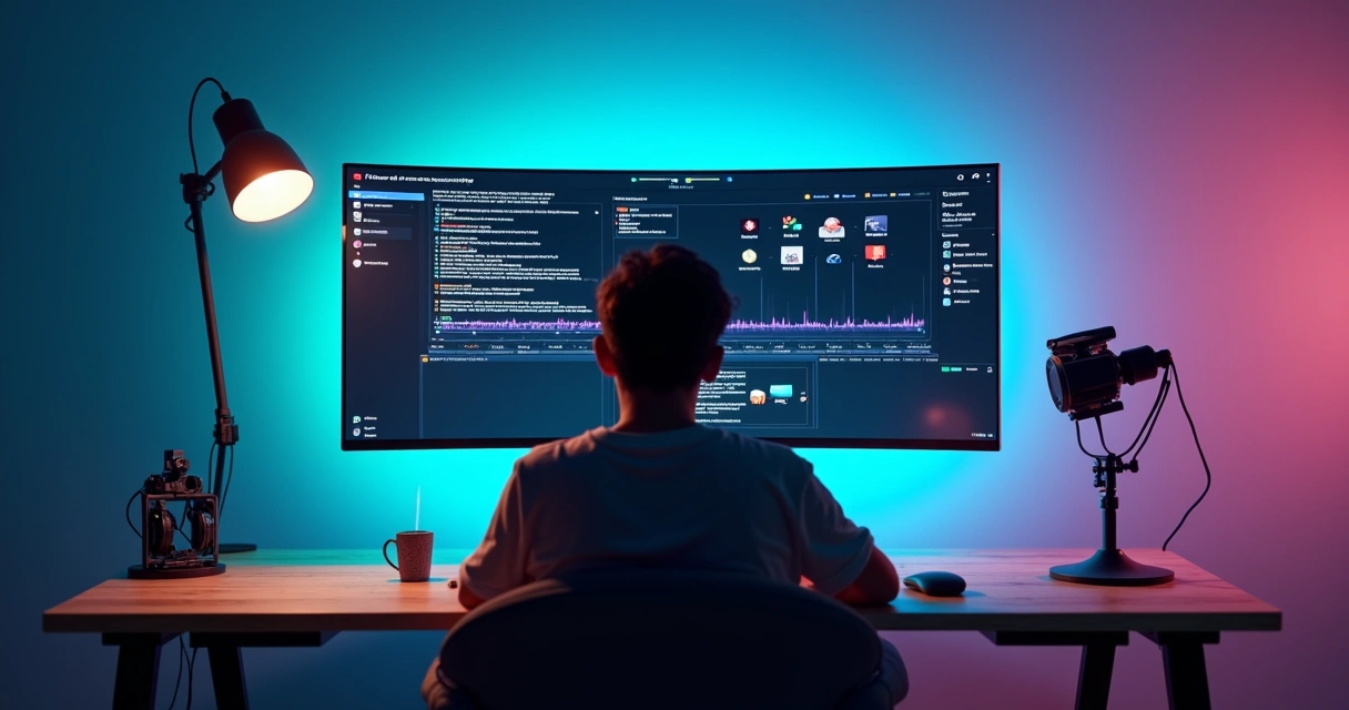 Criador sentado de frente ao monitor montando roteiro para vídeos automatizados 