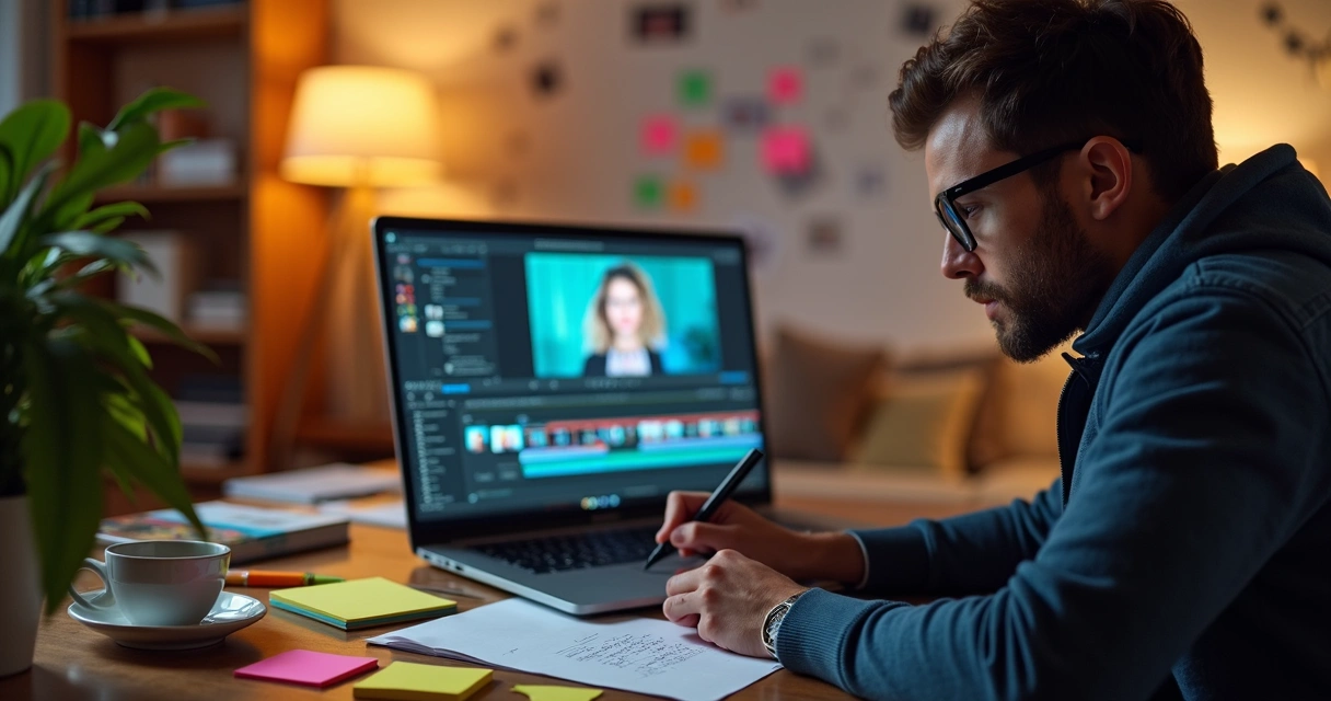 Pessoa escrevendo roteiro em frente ao computador 