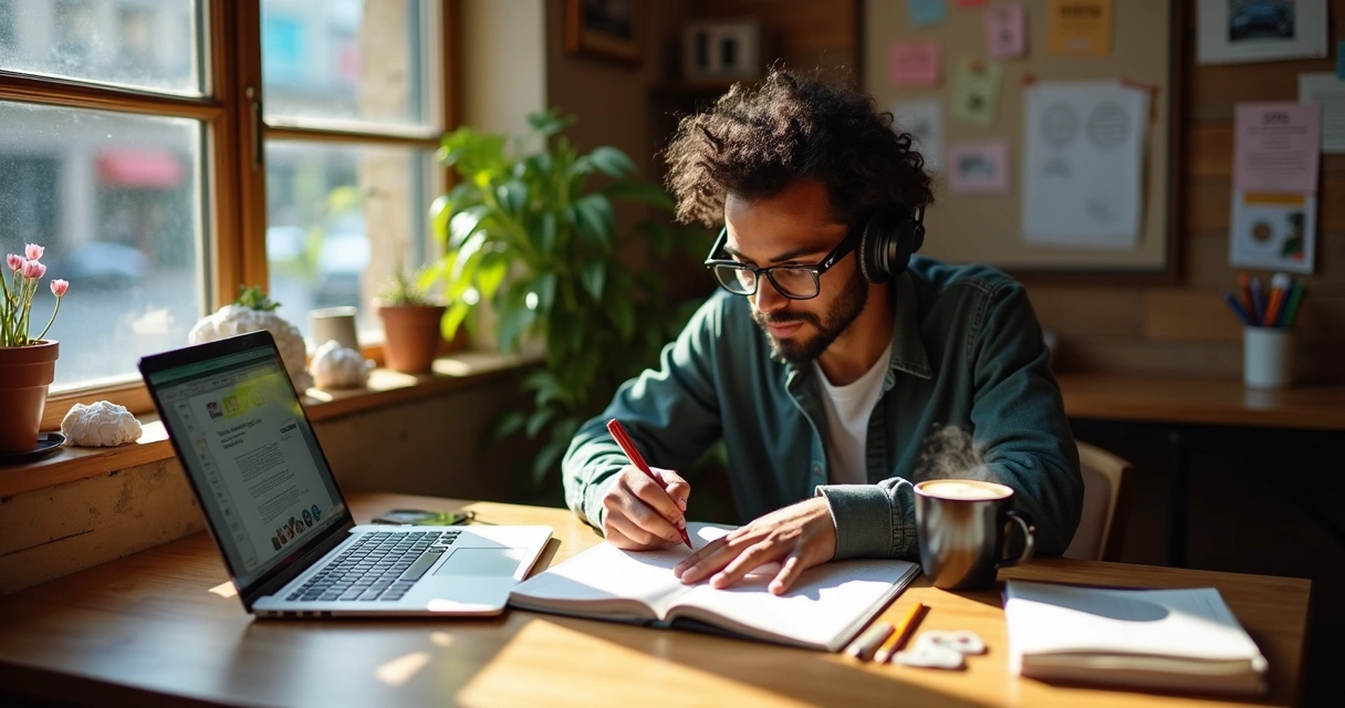 Roteirista em cafetaria escrevendo roteiro à mão 
