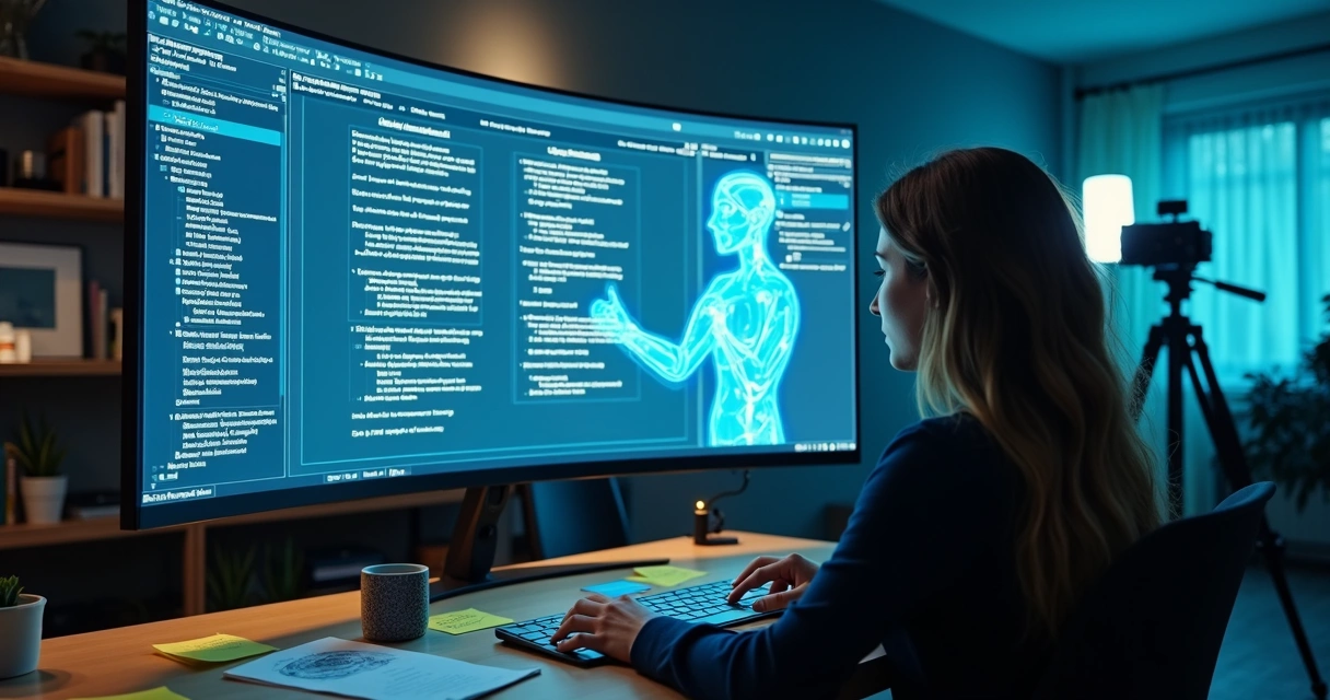 Roteirista interagindo com IA na tela enquanto faz brainstorm de vídeo 