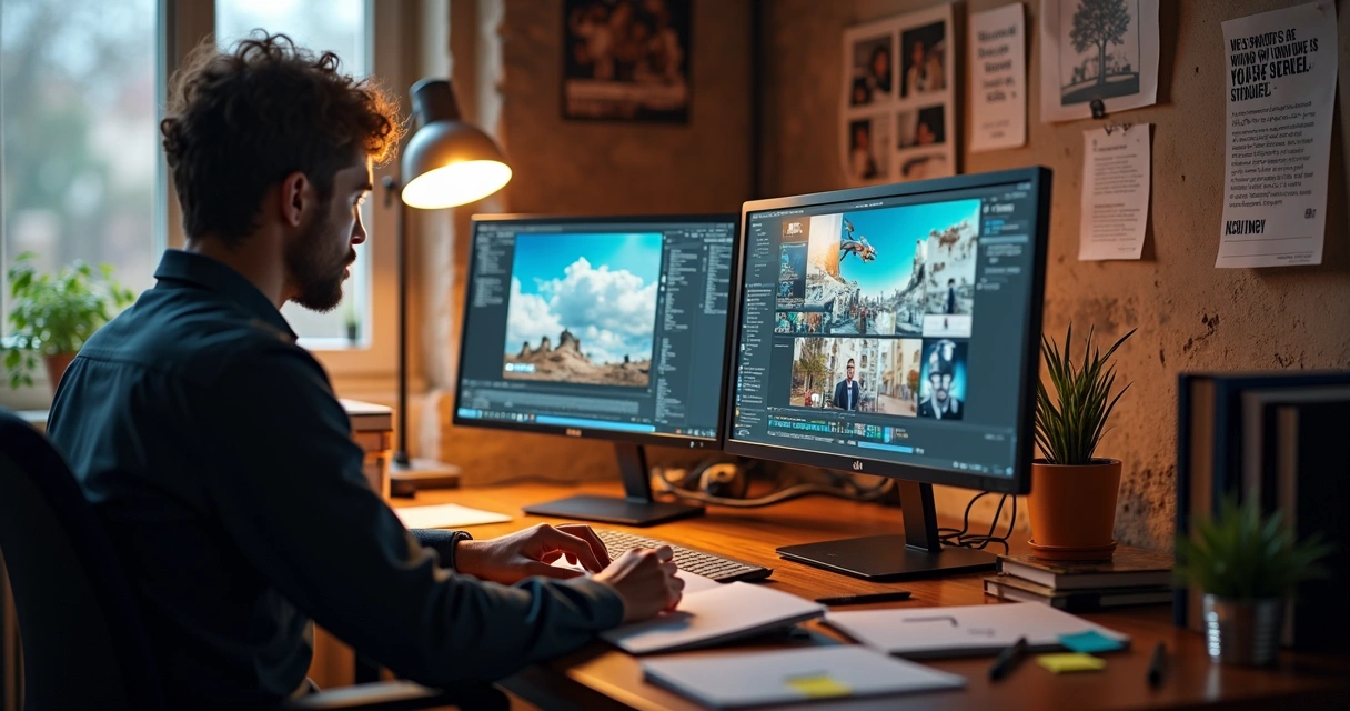 Roteirista tomando notas enquanto assiste vídeos em múltiplas telas 