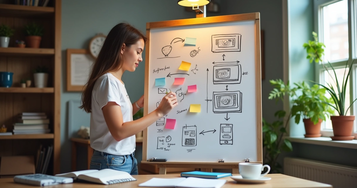 Pessoa organizando cenas de vídeo em um quadro branco 