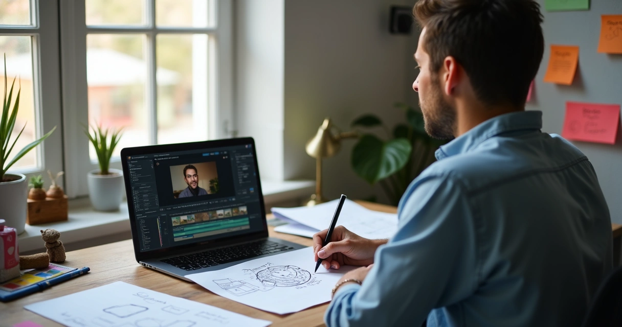 Pessoa escrevendo roteiro com storyboard na mesa 