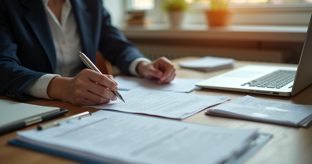 Pessoa preenchendo formulário de registro de obra em mesa de madeira