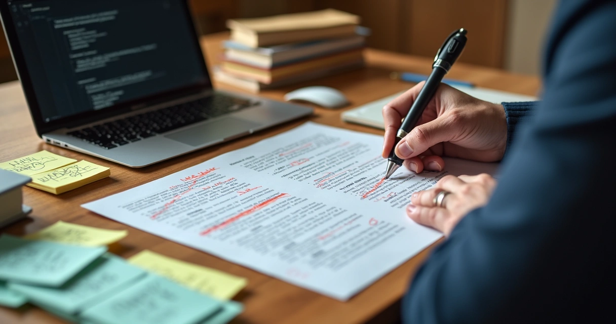 Pessoa revisando roteiro audiovisual com anotações e comentários manuscritos 