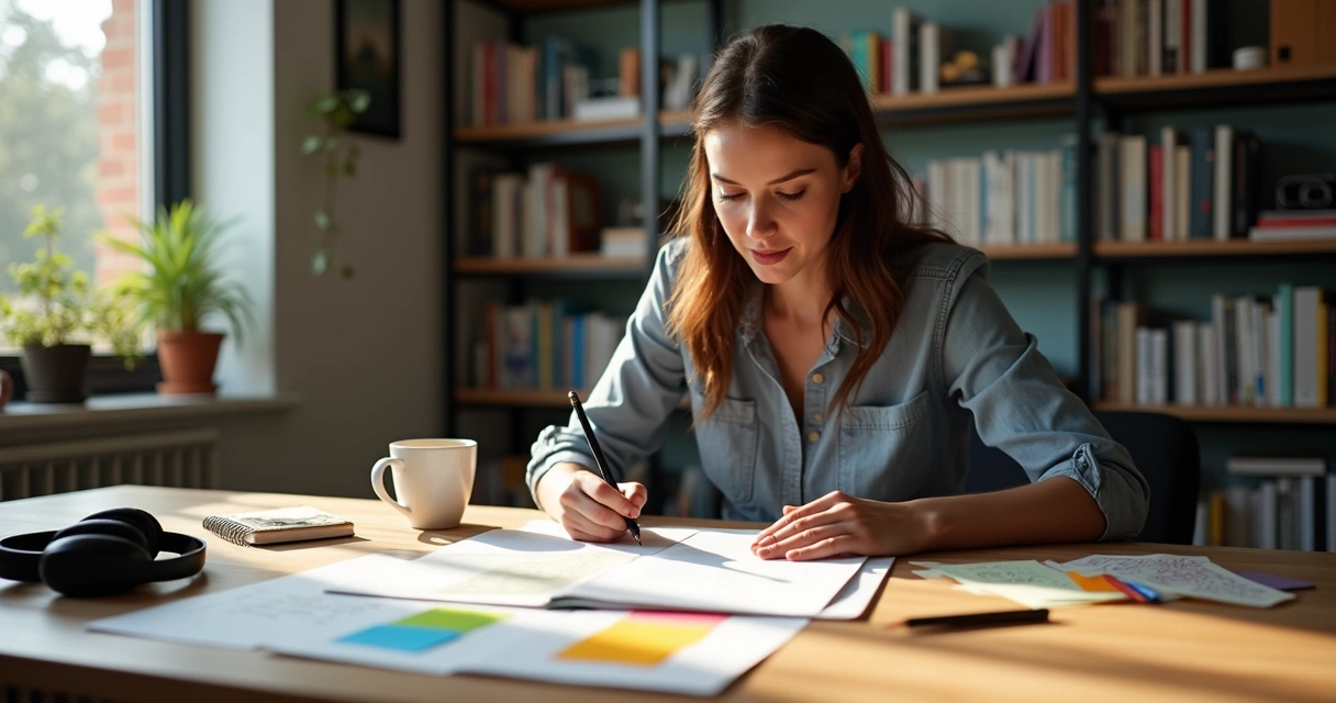 Roteirista escrevendo em ambiente de trabalho, materiais de escrita e storyboard à mesa. 
