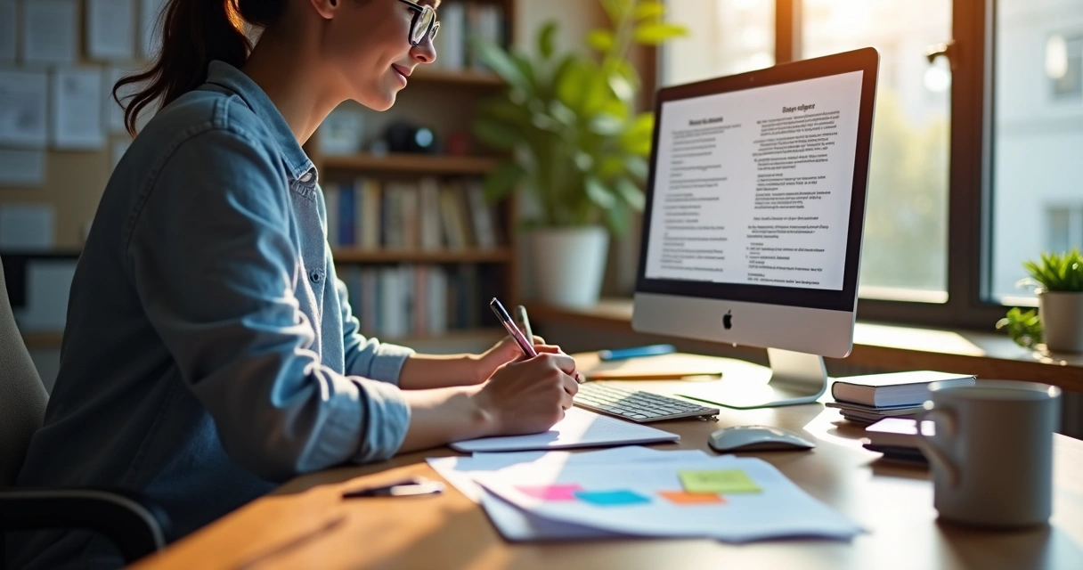 Pessoa escrevendo roteiro para vídeo em mesa com computador 