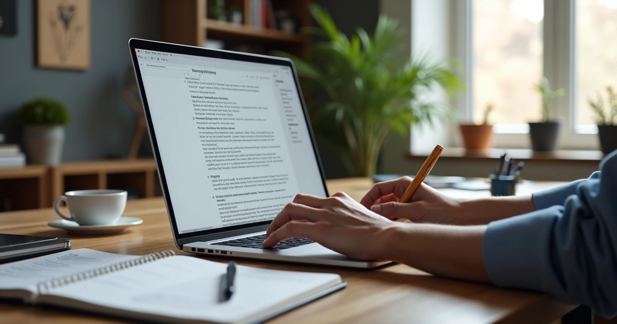 Pessoa escrevendo roteiro audiovisual em laptop com caderno e café na mesa 