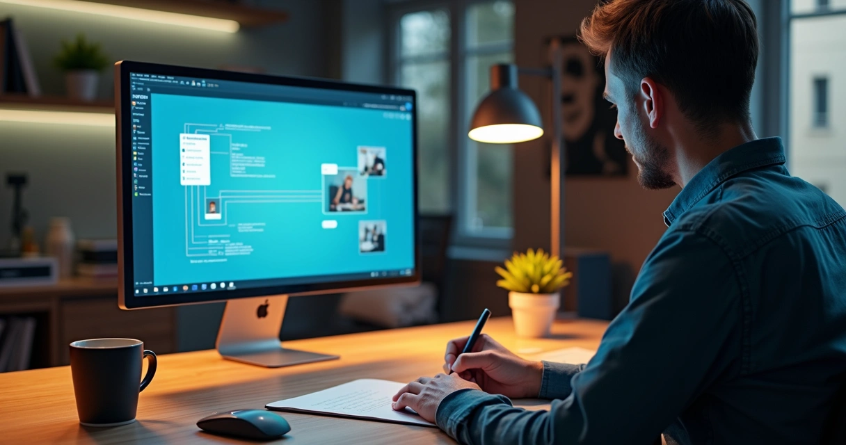 Pessoa escrevendo roteiro para vídeo ao lado de computador mostrando linhas de comando para IA 