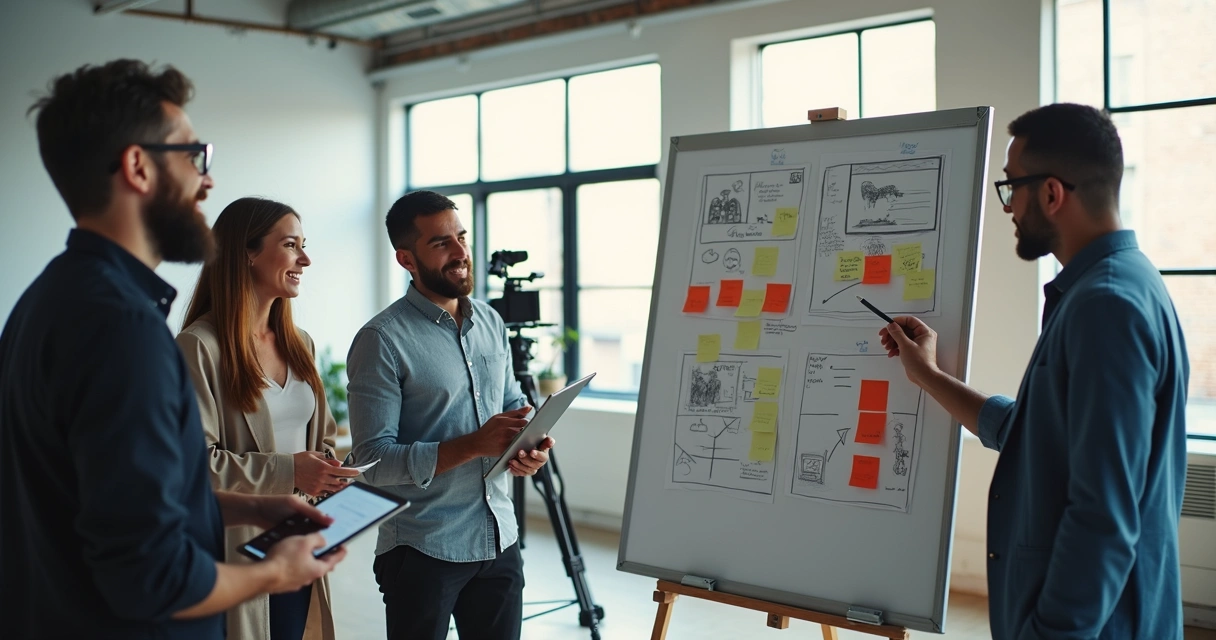 Roteiristas de marketing escrevendo roteiro em quadro branco, com material visual em ambientes modernos 