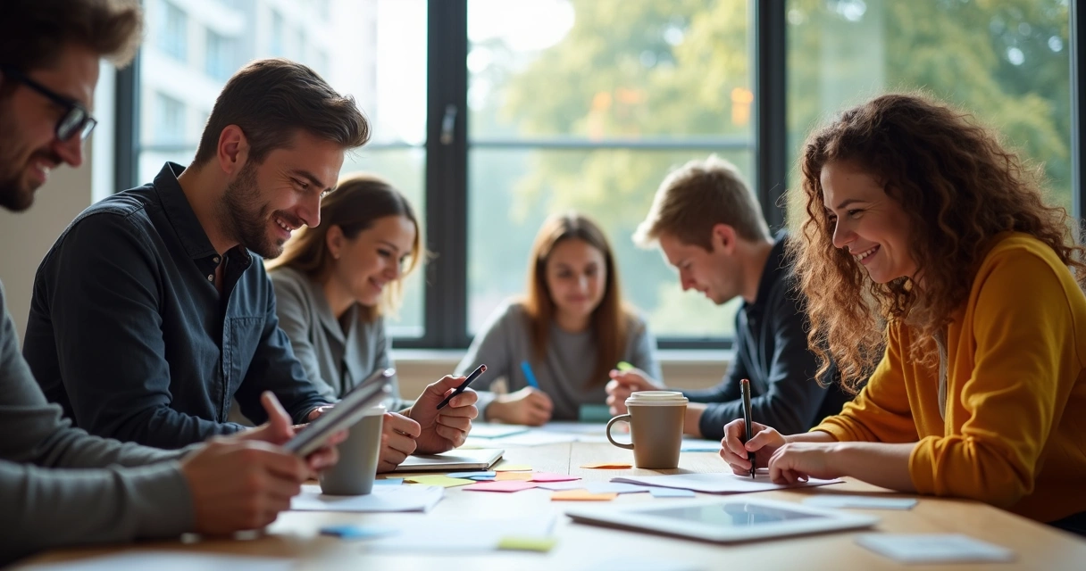Equipe diversa criando roteiros juntos, misturando papel e tablet 