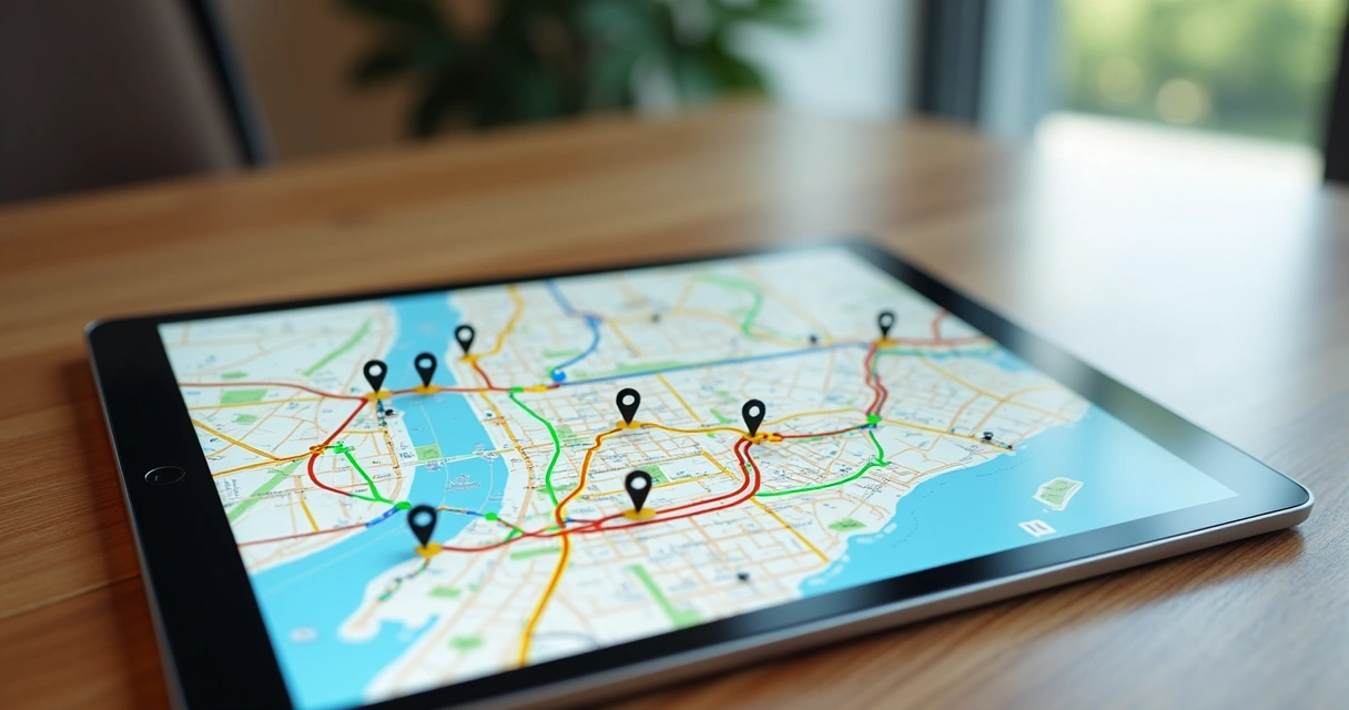 Mapa digital de cidade com rotas de entrega destacadas por cores distintas, mostrando pontos de partida e chegada, entregadores distribuídos pelas ruas. 
